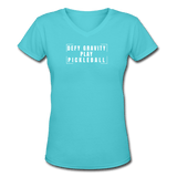 aqua / S Defy Gravity. Play Pickleball. - Women's Premium V-Neck Cotton Tee