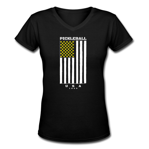 black / S Pickleball Flag - Women's Premium V-Neck Cotton Tee