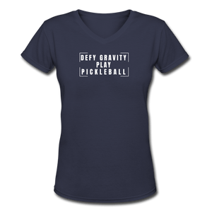 navy / S Defy Gravity. Play Pickleball. - Women's Premium V-Neck Cotton Tee